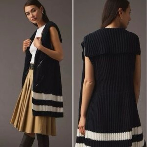 Anthropologie Maeve Striped Sleeveless Sweater Duster XS/S | Chunky Navy Knit - Picture 4 of 9